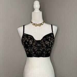 Corset Top Women's Large Black Floral Embroidered Adjustable Straps Hook & Eye